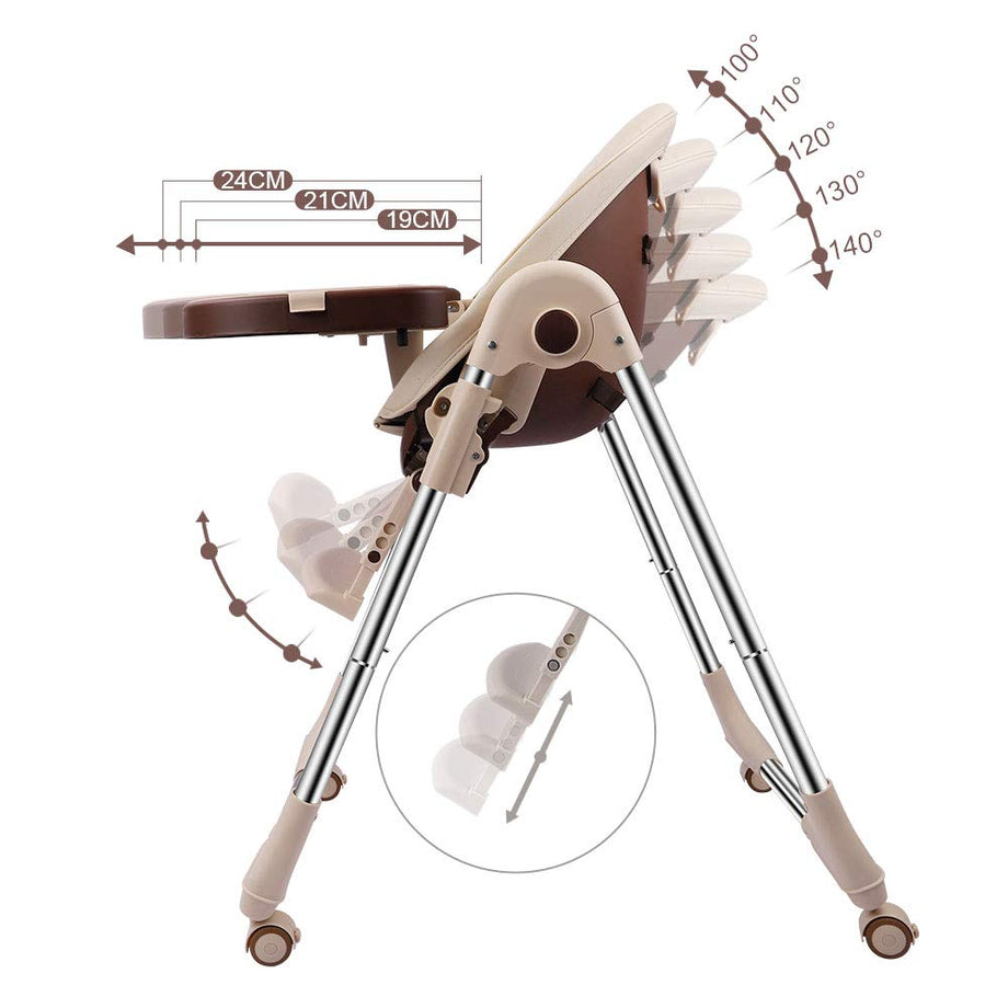 OUNUO Baby Hochstuhl Vertehllbar und Klappbar Kinderhochstuhl mitwachsend Kindersitz Kinderstuhl mit Sicherheitsgurt 6 Monaten bis 6 Jahre PU Leder Kissen Beige