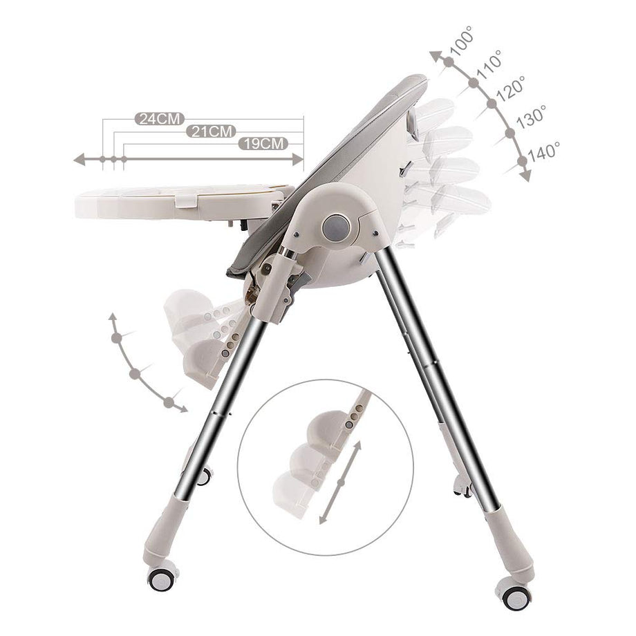 OUNUO Baby Hochstuhl Vertehllbar und Klappbar Kinderhochstuhl mitwachsend Kindersitz Kinderstuhl mit Sicherheitsgurt 6 Monaten bis 6 Jahre PU Leder Kissen Grau
