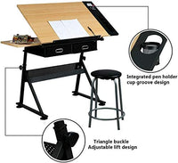 Dripex Zeichentisch mit kippbarer Tischplatte höhenverstellbar- Artist Architektentisch, Arbeitszimmer, Zeichnen, Computertisch inkl. Hocker und 2 Schubladen für Architekten und Techniker (schwarz)