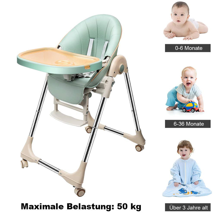 OUNUO Baby Hochstuhl Vertehllbar und Klappbar kinderhochstuhl mitwachsend Kindersitz Kinderstuhl mit Sicherheitsgurt 6 Monaten bis 6 Jahre PU Leder Kissen