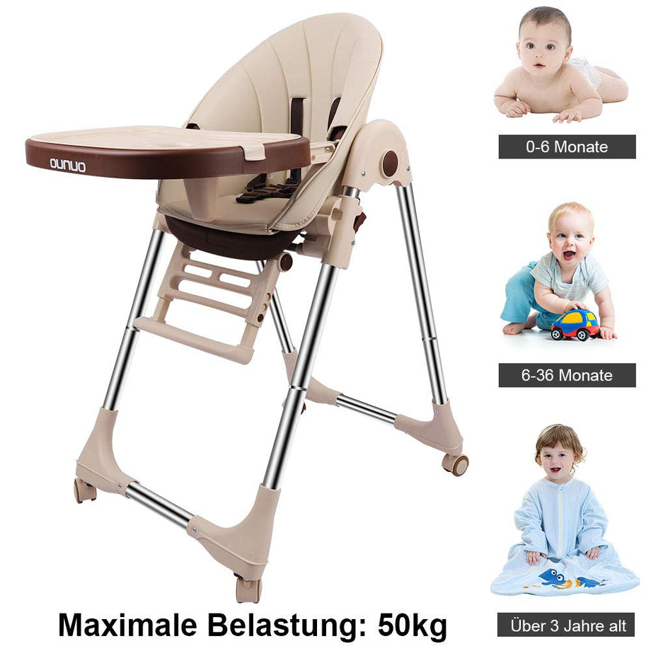 OUNUO Baby Hochstuhl Vertehllbar und Klappbar Kinderhochstuhl mitwachsend Kindersitz Kinderstuhl mit Sicherheitsgurt 6 Monaten bis 6 Jahre PU Leder Kissen Beige