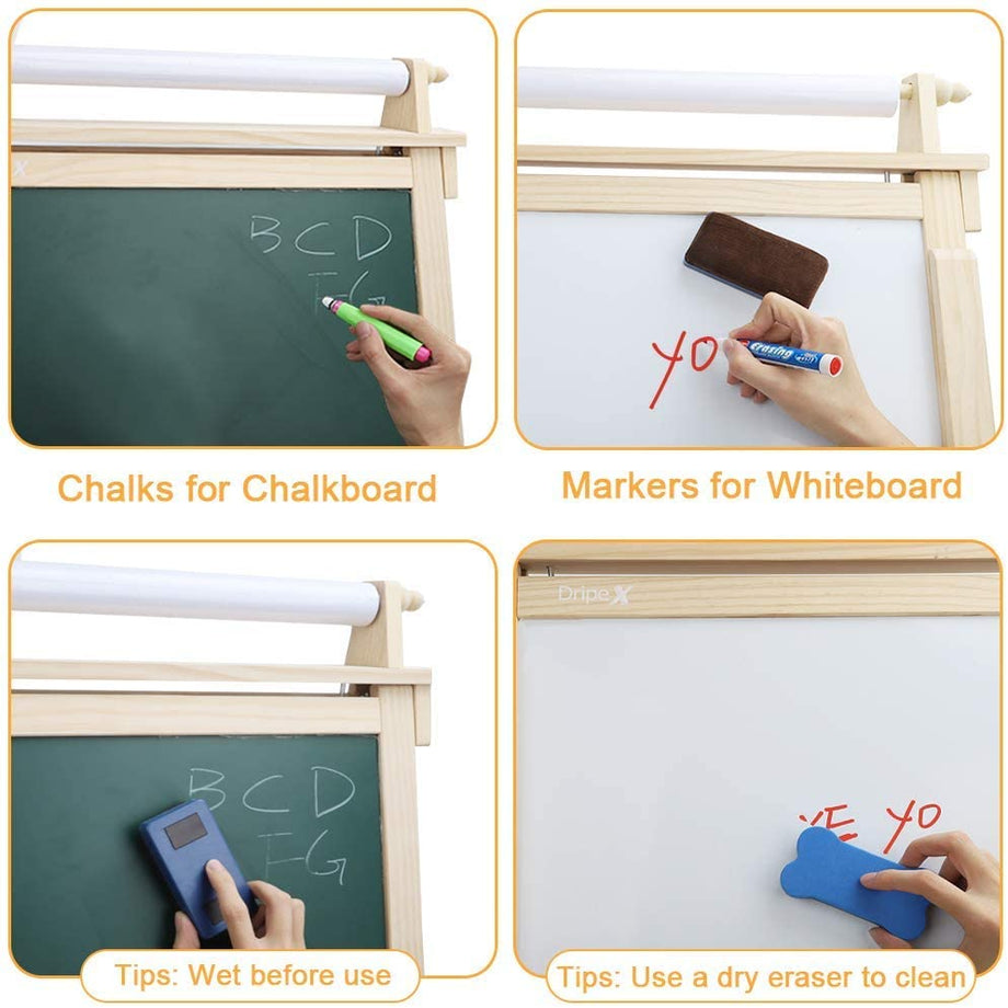 Dripex Kinder Kunst Staffelei mit Papierrolle doppelseitige Tafel und Magnetic Board für Kinder Malen Upgrade Whiteboard Kreidetafel