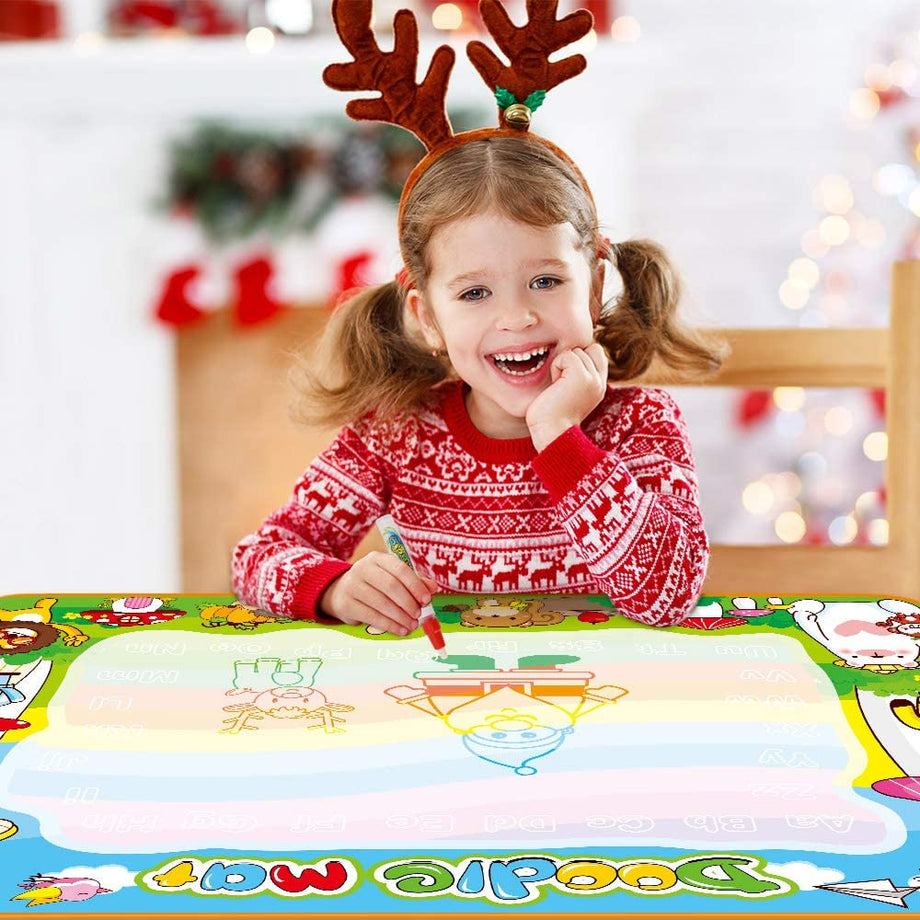 OUNUO Water Doodle Matte 100 x 70 cm magiczna mata malarska woda, z 1 wałkiem malarskim, 4 formami do rysowania, 4 pisakami, 3 stemplami, 2 gąbkami, 1 książka z obrazkami, mata do rysowania wody, mata do malowania