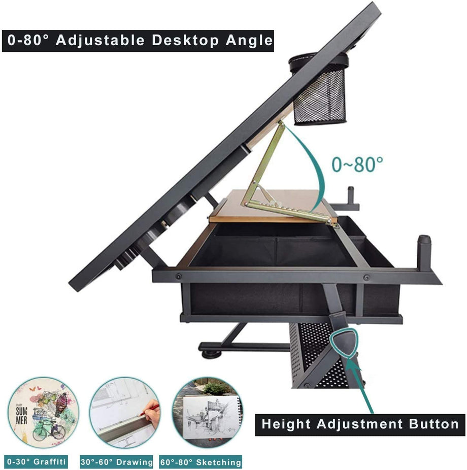 Dripex Zeichentisch mit kippbarer Tischplatte höhenverstellbar- Artist Architektentisch, Arbeitszimmer, Zeichnen, Computertisch inkl. Hocker und 2 Schubladen für Architekten und Techniker (schwarz)