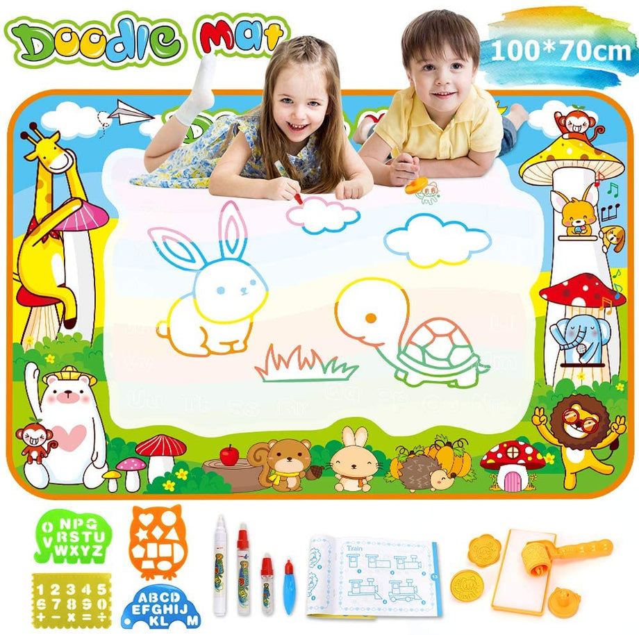 OUNUO Water Doodle Matte 100 x 70 cm magiczna mata malarska woda, z 1 wałkiem malarskim, 4 formami do rysowania, 4 pisakami, 3 stemplami, 2 gąbkami, 1 książka z obrazkami, mata do rysowania wody, mata do malowania