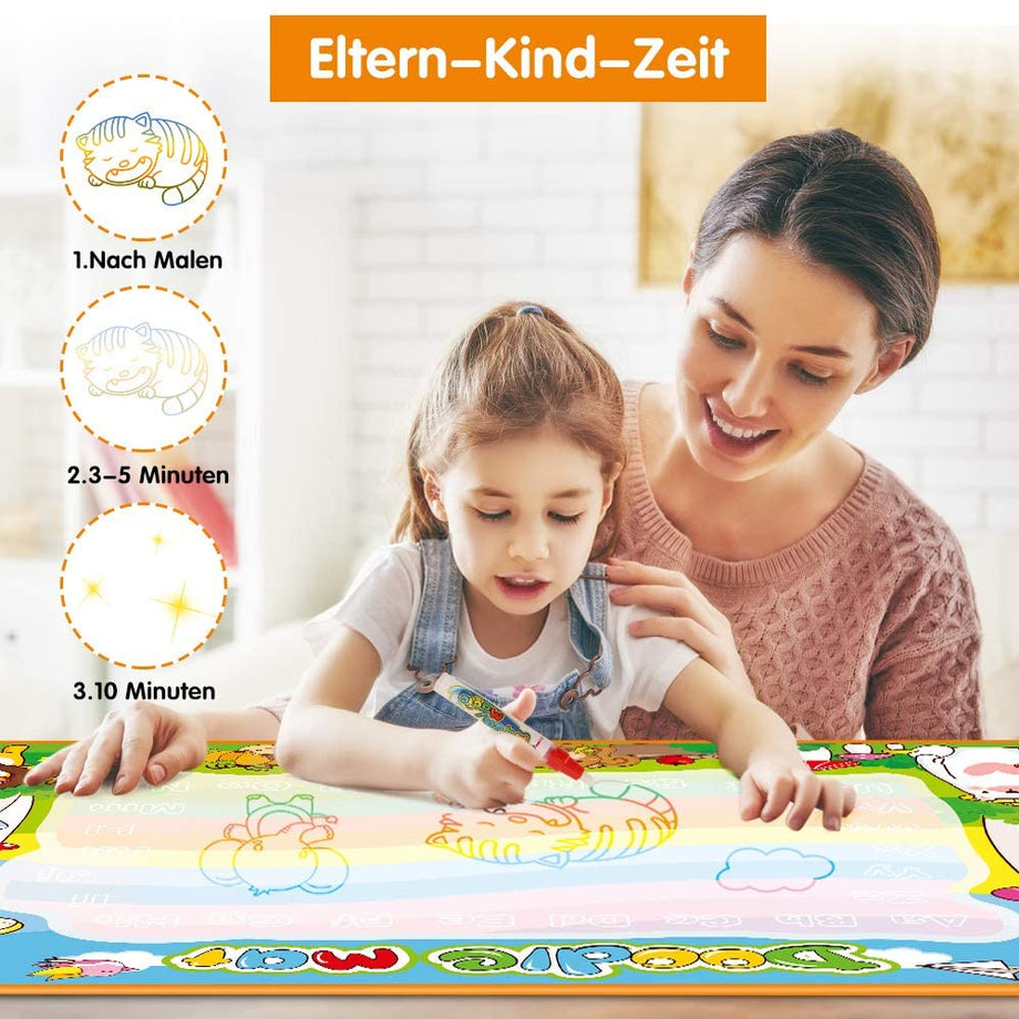 OUNUO Water Doodle Matte 100 x 70 cm magiczna mata malarska woda, z 1 wałkiem malarskim, 4 formami do rysowania, 4 pisakami, 3 stemplami, 2 gąbkami, 1 książka z obrazkami, mata do rysowania wody, mata do malowania