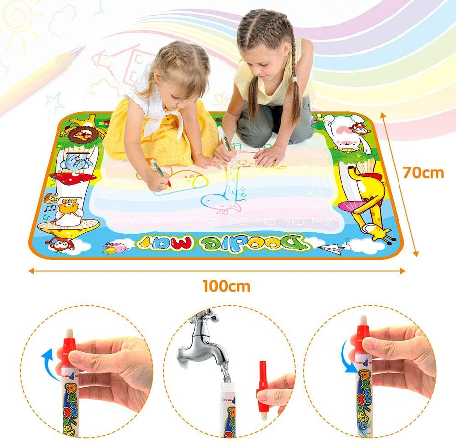 OUNUO Water Doodle Matte 100 x 70 cm magiczna mata malarska woda, z 1 wałkiem malarskim, 4 formami do rysowania, 4 pisakami, 3 stemplami, 2 gąbkami, 1 książka z obrazkami, mata do rysowania wody, mata do malowania