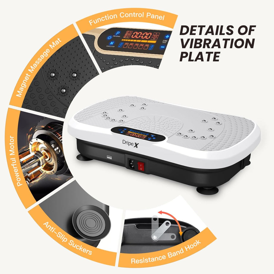 Dripex Vibrationsplatte, 3D Trainingsgerät mit 99 Vibrationsstufen, 5 Trainingsprogramme, Bluetooth Lautsprecher, Trainingsbänder