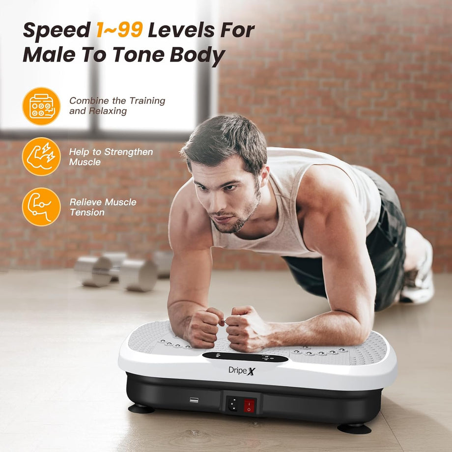Dripex Vibrationsplatte, 3D Trainingsgerät mit 99 Vibrationsstufen, 5 Trainingsprogramme, Bluetooth Lautsprecher, Trainingsbänder