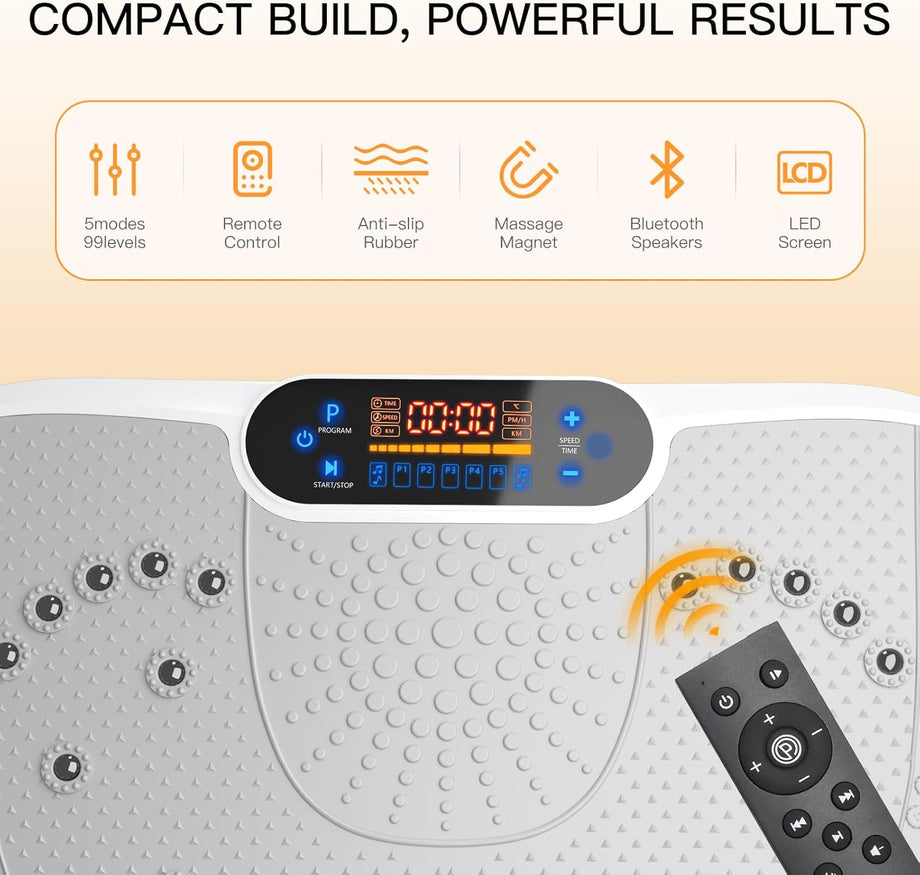 Dripex Vibrationsplatte, 3D Trainingsgerät mit 99 Vibrationsstufen, 5 Trainingsprogramme, Bluetooth Lautsprecher, Trainingsbänder