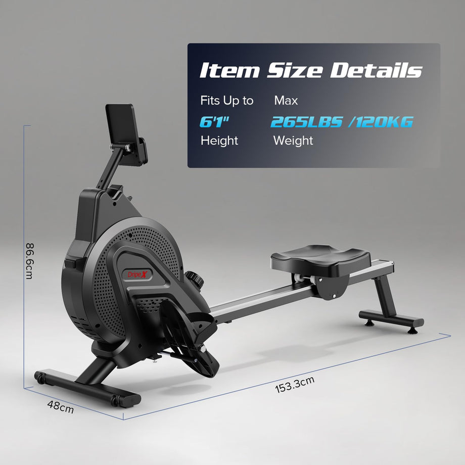 Dripex Magnetisches Rudergerät für den Heimgebrauch, Rudergerät für Heim-Fitnessstudio und Cardio-Training, Rudergerät mit Aluminium-Gleitschiene, 16 einstellbaren Widerständen und LCD-Monitor
