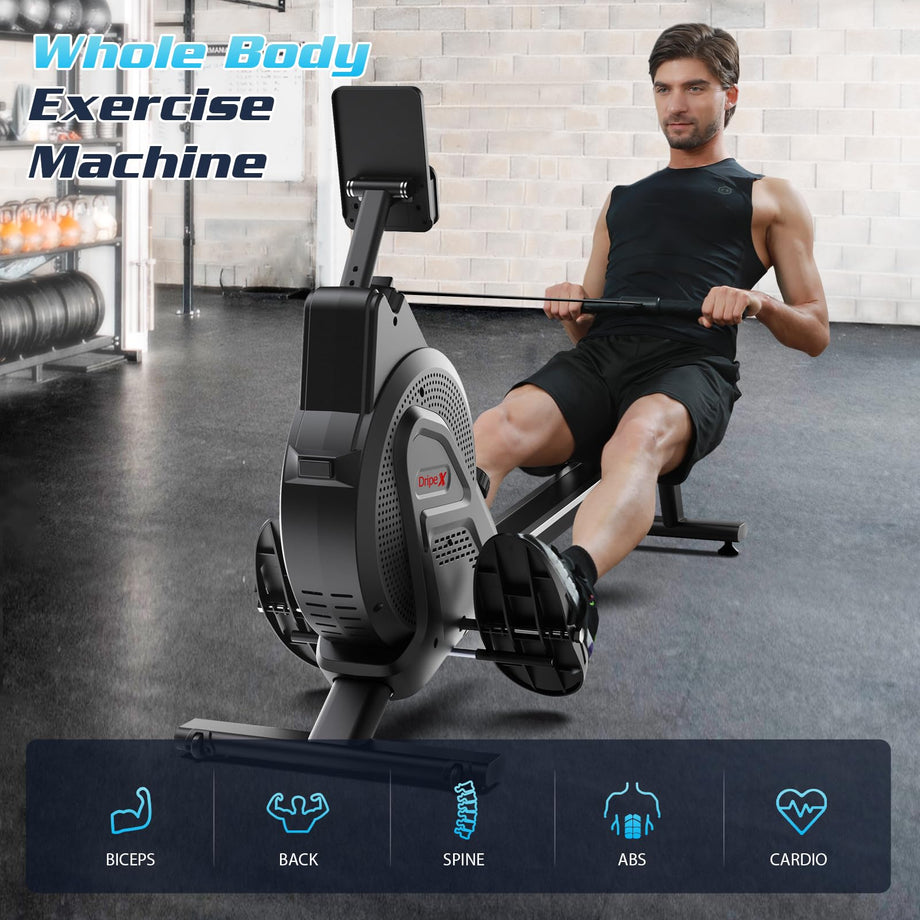 Dripex Magnetisches Rudergerät für den Heimgebrauch, Rudergerät für Heim-Fitnessstudio und Cardio-Training, Rudergerät mit Aluminium-Gleitschiene, 16 einstellbaren Widerständen und LCD-Monitor