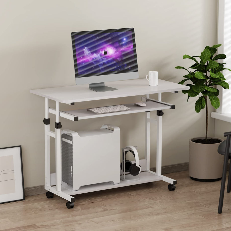 Dripex Adjustable Desk with Wheels, Small Laptop Table with Keyboard Drawer and Shelf