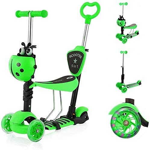 YOLEO 5-in-1 Kinder Roller Scooter mit Abnehmbarer Karikaturkorb Sitz Schubstange LED große Räder Bequeme Rückenlehne Höheverstellbare Lenker für Kleinkinder Jungen Mädchen ab 2 Jahre