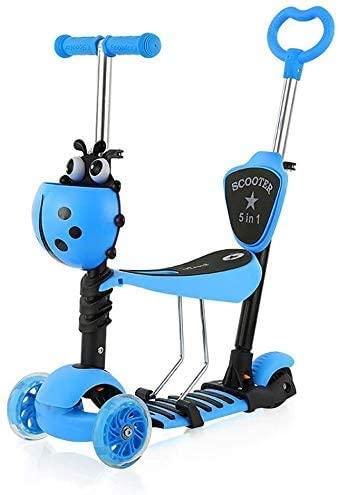 YOLEO 5-in-1 Kinder Roller Scooter mit Abnehmbarer Karikaturkorb Sitz Schubstange LED große Räder Bequeme Rückenlehne Höheverstellbare Lenker für Kleinkinder Jungen Mädchen ab 2 Jahre