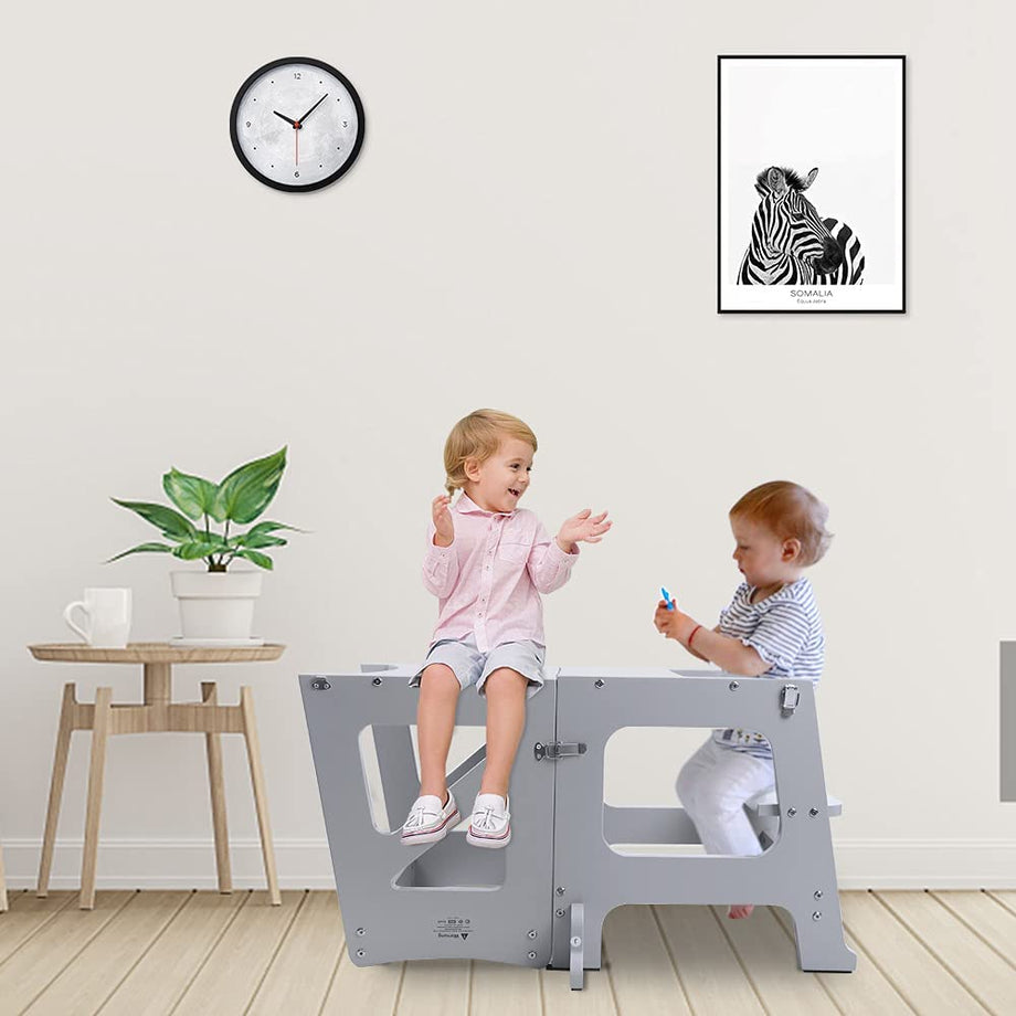 YOLEO 2 in 1 Lernturm Kinder Tritthocker Lernstuhl Kinderhocker Faltbarer Kinderschemel für Baby, mit doppelseitiger magnetischer Tafel, Rutschfestes Fußpolster, Umweltschutz, Küchen-/Badezimmerhelfer