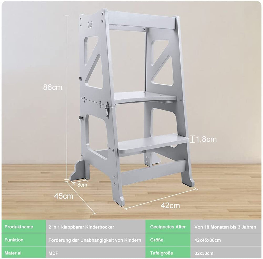 YOLEO 2 in 1 Lernturm Kinder Tritthocker Lernstuhl Kinderhocker Faltbarer Kinderschemel für Baby, mit doppelseitiger magnetischer Tafel, Rutschfestes Fußpolster, Umweltschutz, Küchen-/Badezimmerhelfer