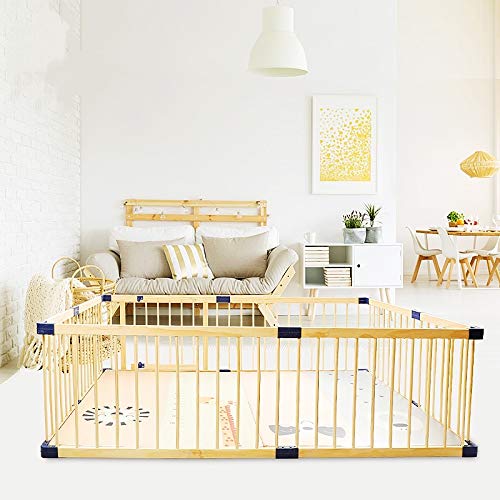 Dripex Laufgitter Baby Laufstall Absperrgitter Kinder Holzgitter Krabbelgitter aus Kieferholz mit Tür 182.4 x 205 CM