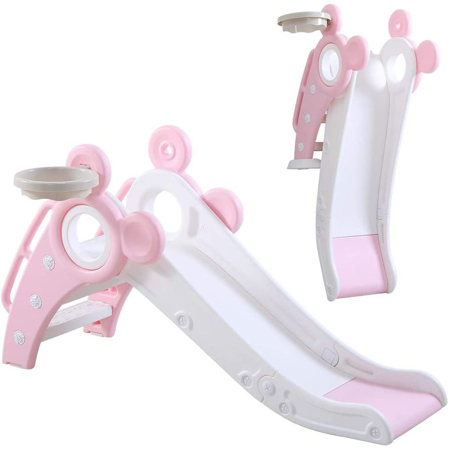 YOLEO Rutsche, Kinder Fun-Slide mit Basketballkorb, Faltbar Kinderrutsche, Gartenrutsche Kleinkinderrutsche für 1-3 Jahre, Indoor & Outdoor Rutschbahn mit Rutschauslau