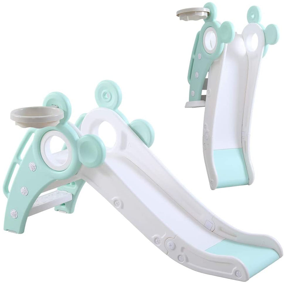 YOLEO Rutsche, Kinder Fun-Slide mit Basketballkorb, Faltbar Kinderrutsche, Gartenrutsche Kleinkinderrutsche für 1-3 Jahre, Indoor & Outdoor Rutschbahn mit Rutschauslau