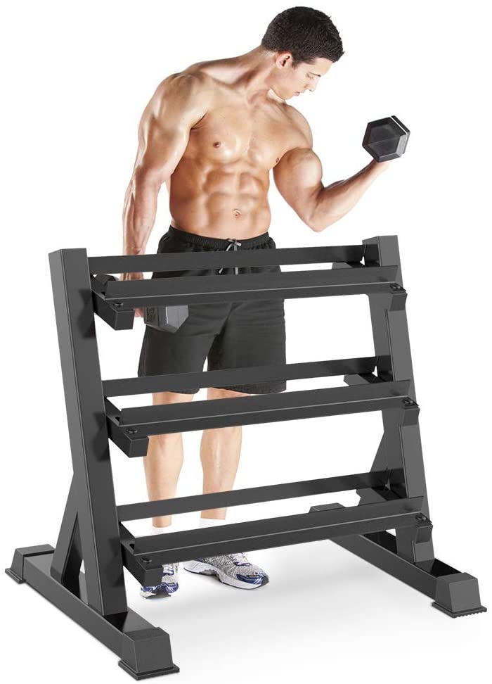 Dripex Kurzhantelständer Kurzhantelablage, Dumbbell Rack 3 Regale, Hantellagerung 90 x 50 x 93cm für Kurzhanteln Aller Gewichte, angewinkelten Ablagebleche, Belastbarkeit 300kg