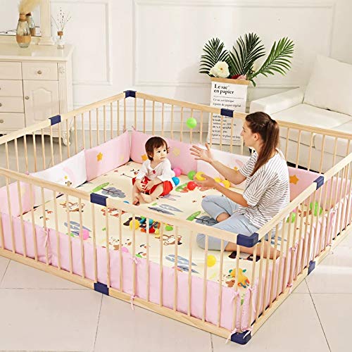 Dripex Laufgitter Baby Laufstall Absperrgitter Kinder Holzgitter Krabbelgitter aus Kieferholz mit Tür 182.4 x 205 CM