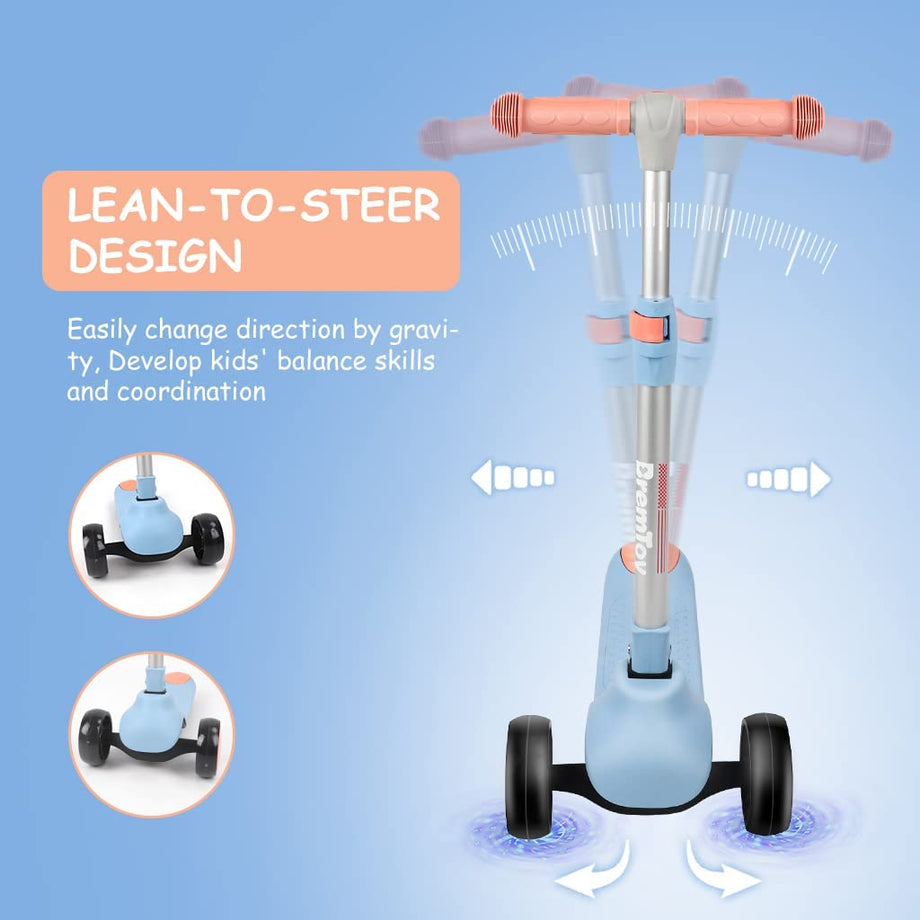 BremToy Kinderroller, Tretroller mit LED-Rädern, Kinder Scooter mit Höhenverstellbarem Lenker, Faltbarer Kickscooter für Kinder