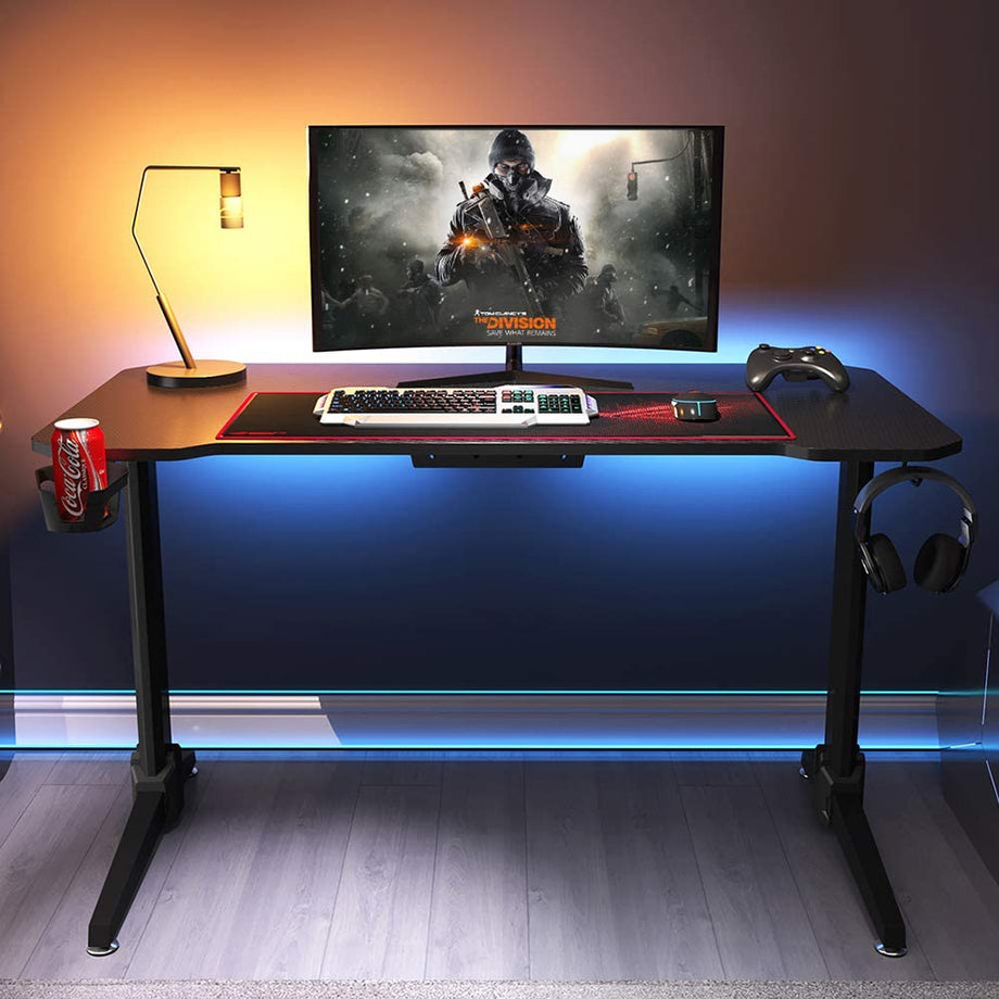 Dripex Gaming Tisch 113 cm Gaming Schreibtisch Gaming Computertisch PC Schreibtisch Gamer mit Getränkehalter und Kopfhörerhalter Schwarz