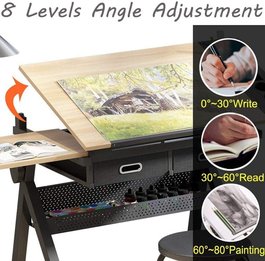 Dripex Zeichentisch mit kippbarer Tischplatte höhenverstellbar- Artist Architektentisch, Arbeitszimmer, Zeichnen, Computertisch inkl. Hocker und 2 Schubladen für Architekten und Techniker (schwarz)