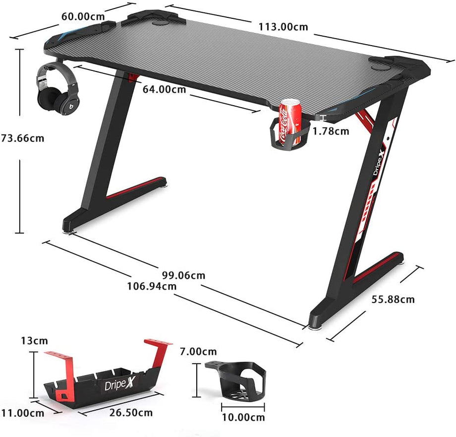 Dripex Gaming Tisch 113 cm Gaming Schreibtisch Gaming Computertisch PC Schreibtisch Gamer mit Getränkehalter und Kopfhörerhalter