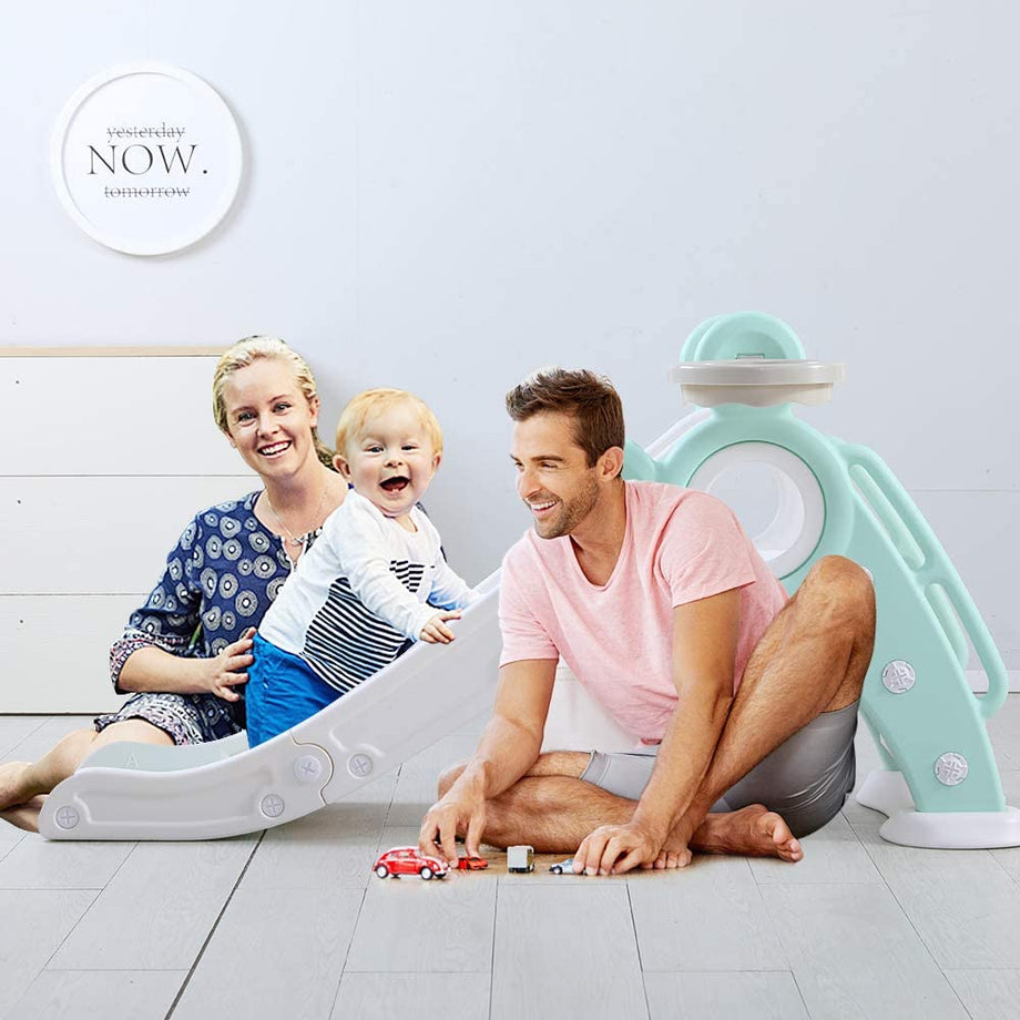 YOLEO Rutsche, Kinder Fun-Slide mit Basketballkorb, Faltbar Kinderrutsche, Gartenrutsche Kleinkinderrutsche für 1-3 Jahre, Indoor & Outdoor Rutschbahn mit Rutschauslau