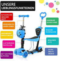YOLEO 5-in-1 Kinder Roller Scooter mit Abnehmbarer Karikaturkorb Sitz Schubstange LED große Räder Bequeme Rückenlehne Höheverstellbare Lenker für Kleinkinder Jungen Mädchen ab 2 Jahre