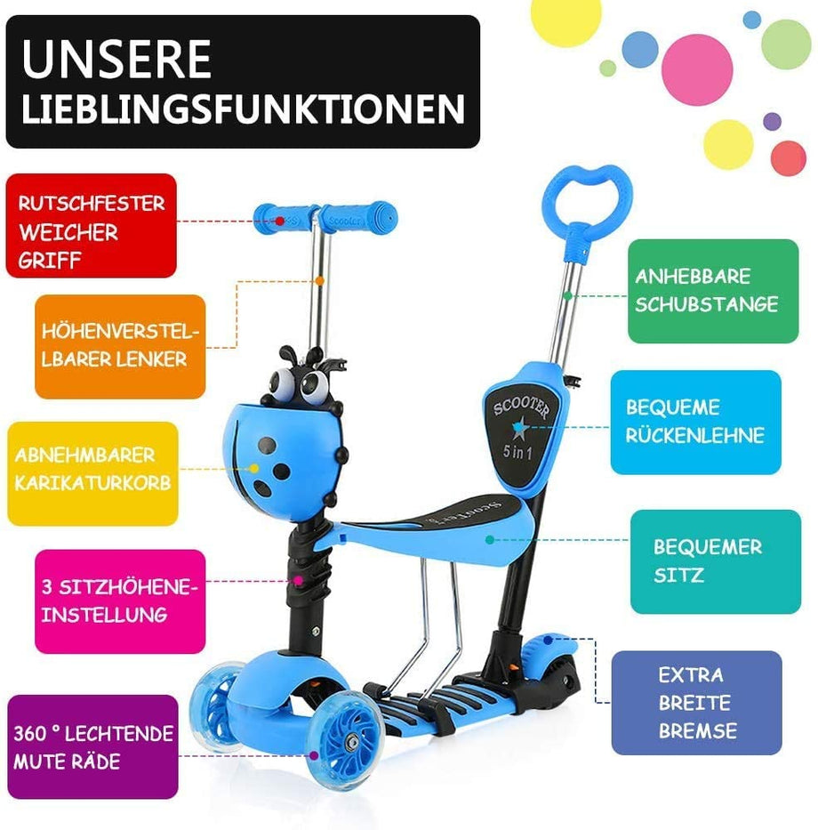 YOLEO 5-in-1 Kinder Roller Scooter mit Abnehmbarer Karikaturkorb Sitz Schubstange LED große Räder Bequeme Rückenlehne Höheverstellbare Lenker für Kleinkinder Jungen Mädchen ab 2 Jahre