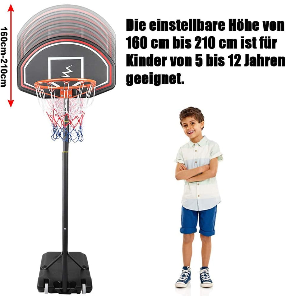 YOLEO Basketballkorb für Kinder, 1,6 bis 2,1 Meter höhenverstellbar mit Ständer Korbanlage beweglich Outdoor bis 12 Jahre