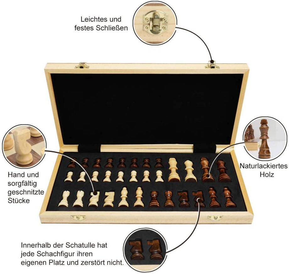 Schachspiel aus Holz - klappbares magnetisches Schachbrett - handgefertigt Schach - Qualität Schachkassette - Faltschachset für Haus, Reise - Pädagogische Speil für Kinder