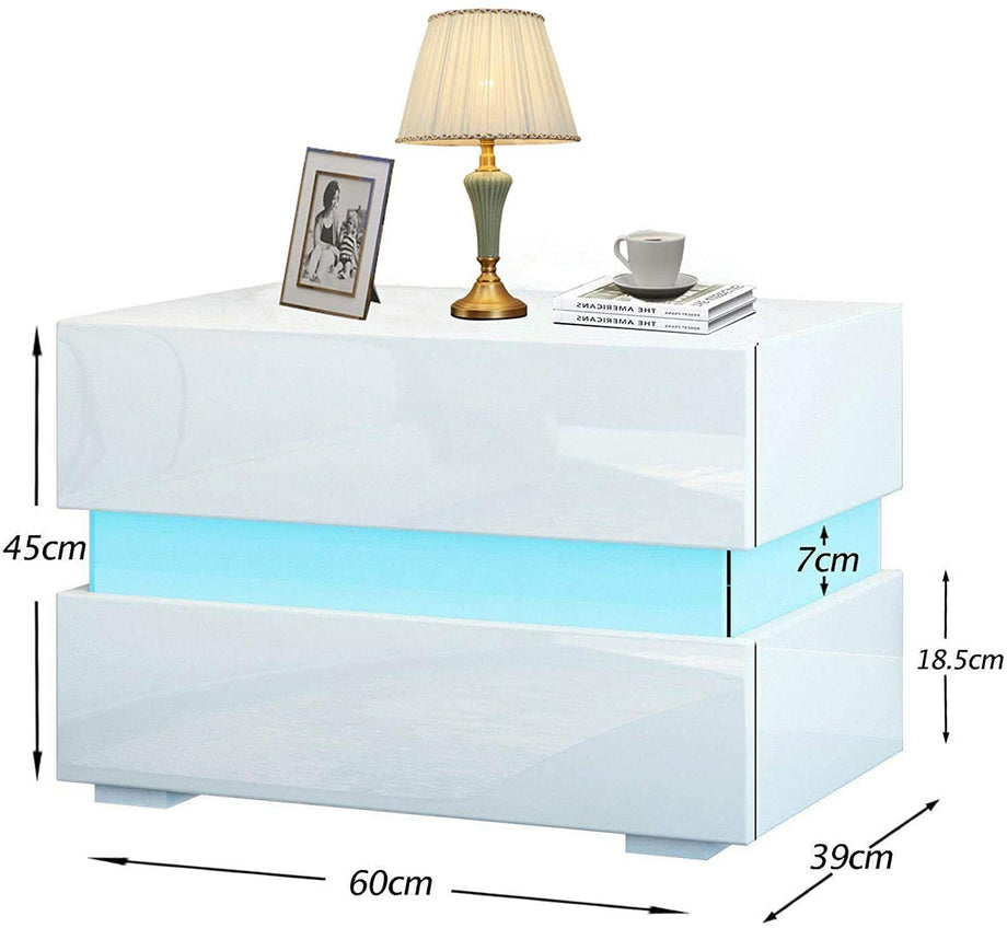 YOLEO Nachttisch Nachtschrank LED Nachtkommode Nachtkonsole Hochglanz/Front Kommode Schrank mit 2 Schubladen- LED Beleuchtung -für Schlafzimmer (Weiß, 60x39x45)