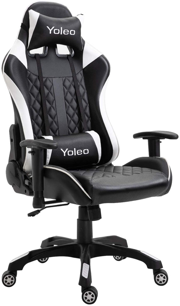 YOLEO Gaming Stuhl, bequemer Gaming Sessel 150 kg Belastbarkeit, Kunstleder PC Stuhl drehbar höhenverstellbar Gaming Chair mit Kopfstütze (weiß-schwarz)