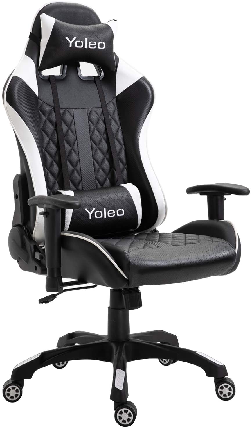 YOLEO Gaming Stuhl, bequemer Gaming Sessel 150 kg Belastbarkeit, Kunstleder PC Stuhl drehbar höhenverstellbar Gaming Chair mit Kopfstütze (weiß-schwarz)