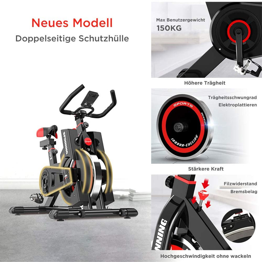 Dripex Heimtrainer, Fitnessbikes Ergometer mit Schutzhülle, Pulsmesser, stufenlose Widerstandseinstellung und großes Trägheitsschwungrad, Benutzergewicht bis 150kg
