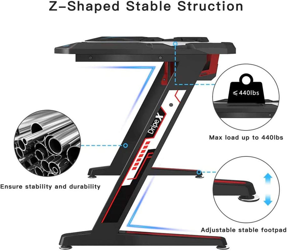 Dripex Gaming Tisch 113 cm Gaming Schreibtisch Gaming Computertisch PC Schreibtisch Gamer mit Getränkehalter und Kopfhörerhalter