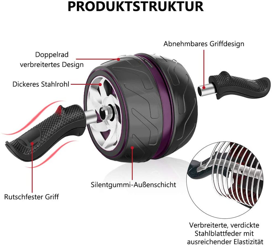 Dripex Bauchroller Set 4 IN 1 Bauchtrainer Fitnessset, AB Roller Bauchroller + Anti-Rutsch-Yogamatte/-Knieschützer+ 2 Liegestützgriffe, für zu Hause/Bauchmuskeltraining/Muskelaufbau, Frauen und Männer