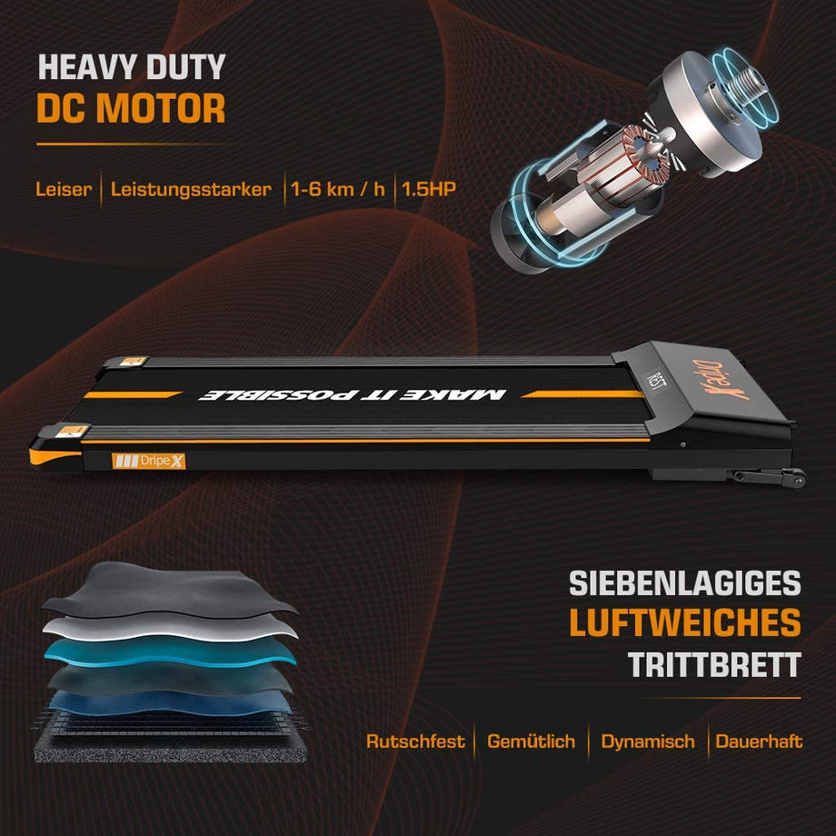 Dripex Laufband elektrisch leise, Treadmill 1-6 km/h einstellbar, 500W Motor mit Fernbedienung und LCE Display, einfach zu transportieren und zu lagern, geeignet für Büro und zuhause, Orange/Blau