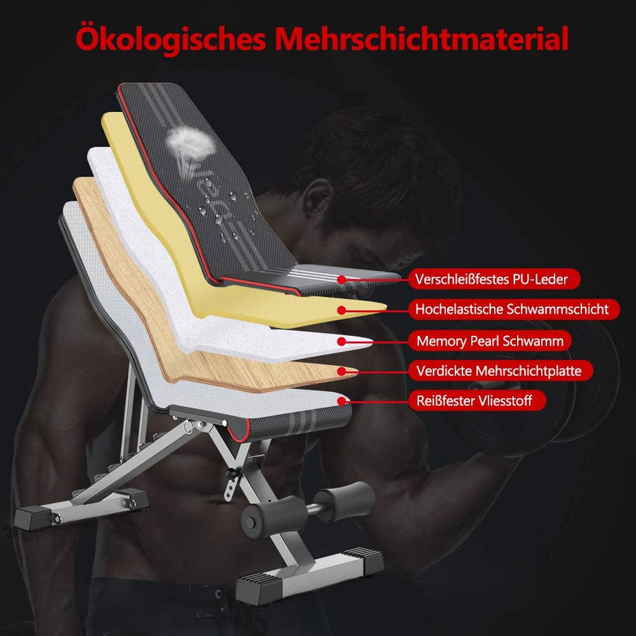YOLEO Multifunktion Hantelbank klappbare Trainingsbank Fitnessbank, 6-Fach Rückenlehne/4-Fach Sitz verstellbar, bis 150kg belastbar, Flachbank Sit Up Bank geeignet für Zuhause/Fitnessstudio