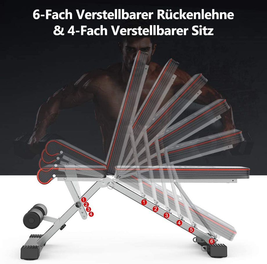 YOLEO Multifunktion Hantelbank klappbare Trainingsbank Fitnessbank, 6-Fach Rückenlehne/4-Fach Sitz verstellbar, bis 150kg belastbar, Flachbank Sit Up Bank geeignet für Zuhause/Fitnessstudio
