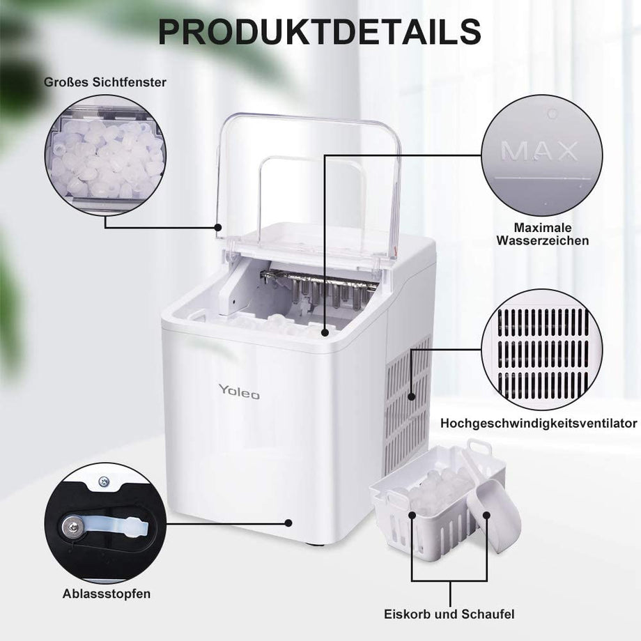 YOLEO Eiswürfelmaschine, leise Ice Maker 9 Eiswürfel in 8 Minuten, 12kg /24 Stunden, Selbstreinigungsfunktion, Einfache Bedienung