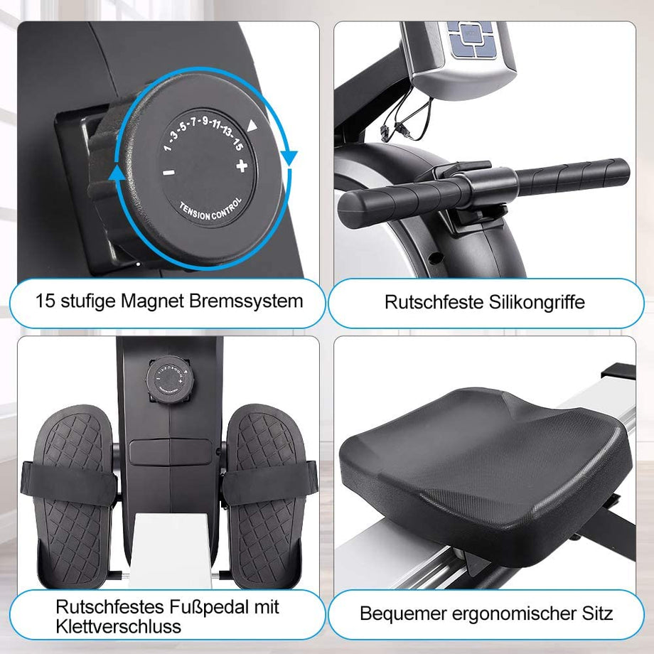 Dripex Rudergerät mit Magnetbremssystem kugelgelagerter Rudersitz LED-Monitor 3 kg Schwungmasse und 15 stufige Widerstandseinstellung für Fitness zu Hause