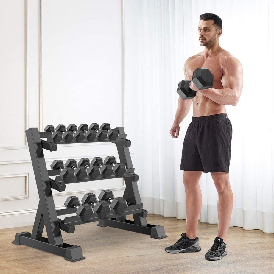 Dripex Kurzhantelständer Kurzhantelablage, Dumbbell Rack 3 Regale, Hantellagerung 90 x 50 x 93cm für Kurzhanteln Aller Gewichte, angewinkelten Ablagebleche, Belastbarkeit 300kg