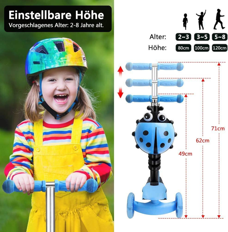 YOLEO 5-in-1 Kinder Roller Scooter mit Abnehmbarer Karikaturkorb Sitz Schubstange LED große Räder Bequeme Rückenlehne Höheverstellbare Lenker für Kleinkinder Jungen Mädchen ab 2 Jahre