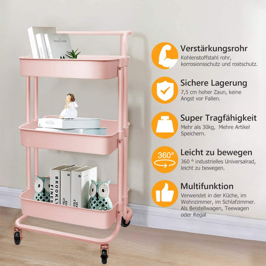 Dripex Rollwagen Küchen Organizer 3-stöckiger Servierwagen Küchenwagen Storage Trolley Cart Küchenregal Allzweckwagen Allzweckregal