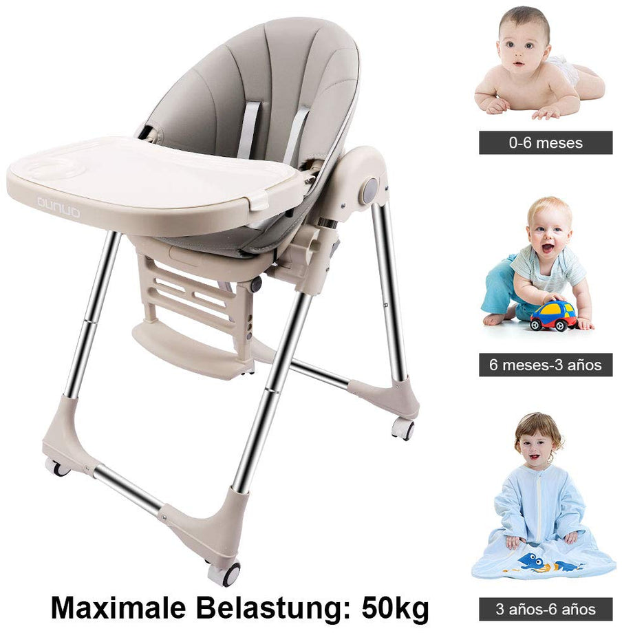 OUNUO Baby Hochstuhl Vertehllbar und Klappbar Kinderhochstuhl mitwachsend Kindersitz Kinderstuhl mit Sicherheitsgurt 6 Monaten bis 6 Jahre PU Leder Kissen Grau